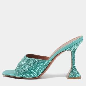 Pre Owned Amina Muaddi Mint Green Satin Crystal Embellished Lupita Sandals Size 40