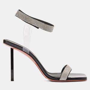 Pre Owned صندل أمينة معادي ريه جلد براءات سوداء بشبكة كريستال أبيض وكعب معدني أسود لامع 95 مم مقاس 38 الاتحاد الأوروبي