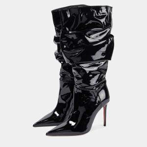 Pre Owned Amina Muaddi Jahleel Latex Black Leather Ankle Boots EU 38