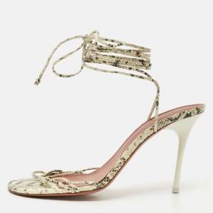 Pre Owned Amina Muaddi Lori Size 40.5 Cream/Brown Snakeskin Embossed Leather Ankle Wrap Sandals
