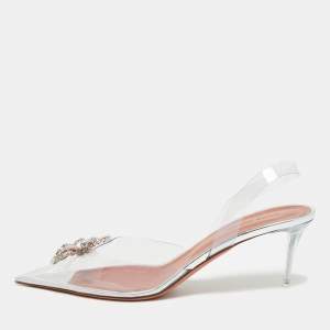 Pre Owned Amina Muaddi Rosie Size 38.5 Transparent PVC Crystal Embellished Slingback Pumps