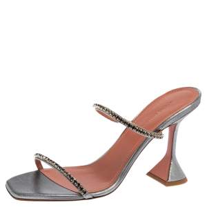Amina Muaddi Silver Fabric Gilda Sandals Size 38.5