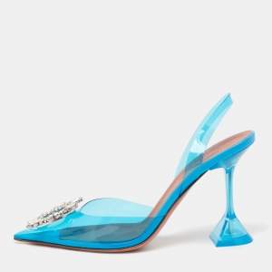 Amina Blue PVC Begum Crystal Embellished Slingback Sandals Size 38.5