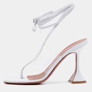 Amina Muaddi White Leather And PVC Ankle Wrap Sandals Size 36.5