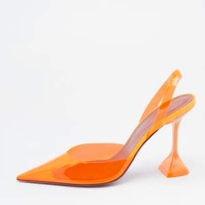 Amina Muaddi Neon Orange PVC Holli Glass Slingback Sandals Size 40