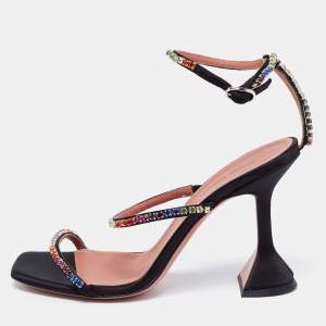 Amina Muaddi Black Satin Crystal Embellished Glida Sandals Size 37