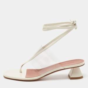 Amina Muaddi Cream Leather and PVC Zula Ankle Tie Sandals Size 37.5