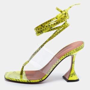 Amina Muaddi Neon Yellow/Grey Embossed Snakeskin Leather and PVC Zula Ankle Tie Sandals Size 37.5