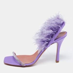 Pre Owned Amina Muaddi Purple Satin Crystal Embellished And Feather Adwoa Slingback Sandals Size 37.5