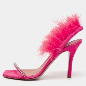 Pre Owned Amina Muaddi Peach Satin Crystal Embellished And Feather Adwoa Slingback Sandals Size 37.5