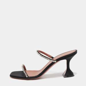 Amina Muaddi Black Crystal Embellished Satin Glida Slide Sandals Size 38