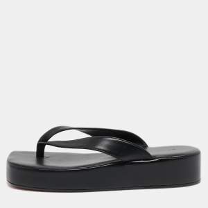 Pre Owned Amina Muaddi Black Leather Johana Platform Thong Sandals Size 37.5 