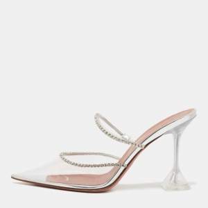 Amina Muaddi Silver PVC Glida Glass Mules Size 42