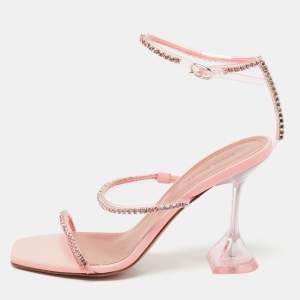 Amina Muaddi Pink Leather Gilda Crystal-Embellished Ankle Strap Sandals Size 37