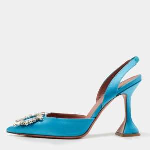 Amina Muaddi Blue Satin Begum Slingback Pumps Size 39