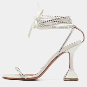 Amina Muaddi White Crystal Embellished Satin Vita Ankle Tie Sandals Size 37