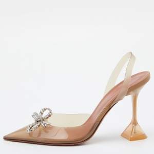 Pre Owned Amina Muaddi Brown PVC Rosie Crystal Embellished Slingback Pumps Size 40