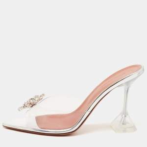 Amina Muaddi Transparent PVC Rosie Crystal Embellished Slides Sandals Size 37.5