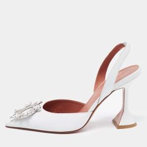 Amina Muaddi White Leather Begum Crystal Embellished Slingback Pumps Size 38.5
