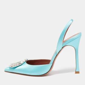 Amina Muaddi Blue Satin Camelia Crystal Embellished Pointed Toe Slingback Pumps Size 37