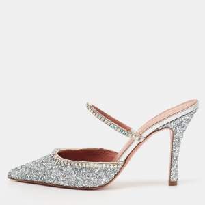 Pre Owned Amina Muaddi Silver Glitter Crystal Embellished Gilda Mules Size 39