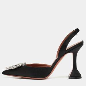 Amina Muaddi Black Satin Begum Slingback Pumps Size 38