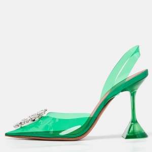 Amina Muaddi Green PVC Begum Crystal Embellished Slingback Pumps Size 37