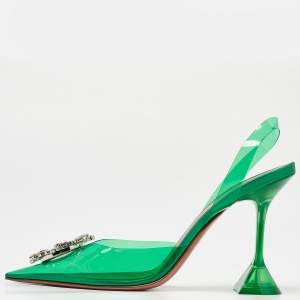 Amina Muaddi Green PVC Begum Crystal Embellished Slingback Pumps Size 40