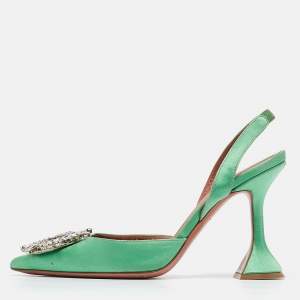 Amina Muaddi Green Satin Begum Slingback Pumps Size 36.5