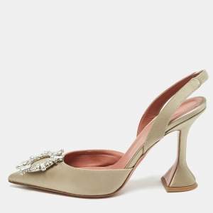 Amina Muaddi Grey Satin Begum Slingback Pumps Size 38