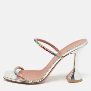 Amina Muaddi Silver Leather Crystal Embellished Gilda Slide Sandals Size 39