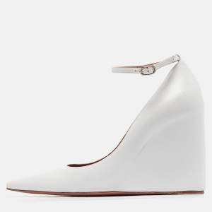 Amina Muaddi White Leather Wedge Pumps Size 37