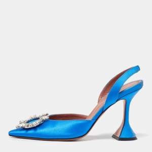 Amina Muaddi Blue Satin Begum Slingback Pumps Size 37