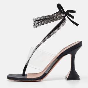 Amina Muaddi Black PVC and Satin Ankle Strap Sandals Size 37.5