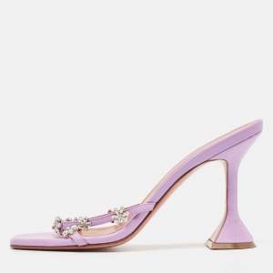 Amina Muaddi Purple Leather Crystal Embellished Slide Sandals Size 38