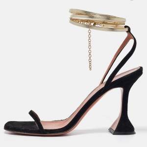 Amina Muaddi Black Leather and Suede Henson Ankle Strap Sandals Size 39.5