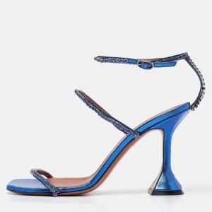 Amina Muaddi Blue Leather Gilda Ankle Strap Sandals Size 39