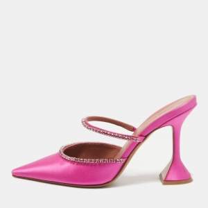 Amina Muaddi Pink Satin Crystal Embellished Gilda Mules Size 38