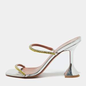 Amina Muaddi Silver Leather Crystal Embellished Glida Sandals Size 37