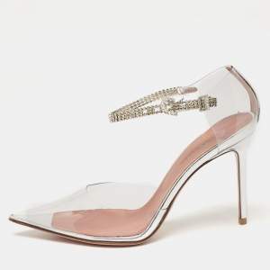  Amina Muaddi Silver PVC and Patent Leather Ursina Pumps Size 36
