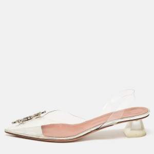 Pre Owned Amina Muaddi Transparent Begum Ankle Strap Sandals Size 37.5