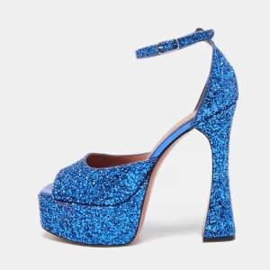 Amina Muaddi Blue Glitter Ankle Strap Sandals Size 38