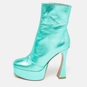 Amina Muaddi Metallic Green Leather Platform Ankle Boots Size 39