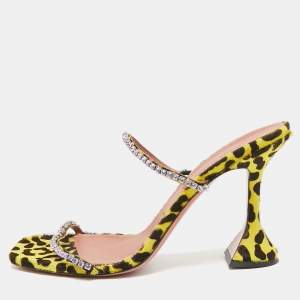 Amina Muaddi Yellow/Black Calf Hair and Leather Gilda Slide Sandals Size 39.5