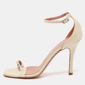 Amina Muaddi Cream Leather Daisy Ankle Strap Sandals Size 39.5