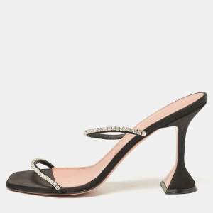 Amina Muaddi Black Satin Glida Slide Sandals 41