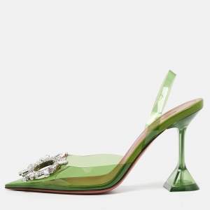 Amina Muaddi Green PVC Begum Crystal Embellished Slingback Pumps Size 37