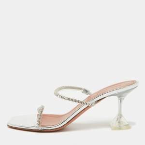Pre Owned Amina Muaddi Transparent PVC Crystal Embellished Gilda Slide Sandals Size 38