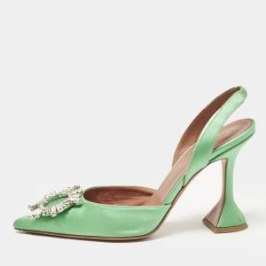 Amina Muaddi Green Satin Begum Slingback Pumps Size 38