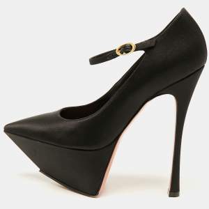 Amina Muaddi Black Satin Yigit Platform Pumps Size 36